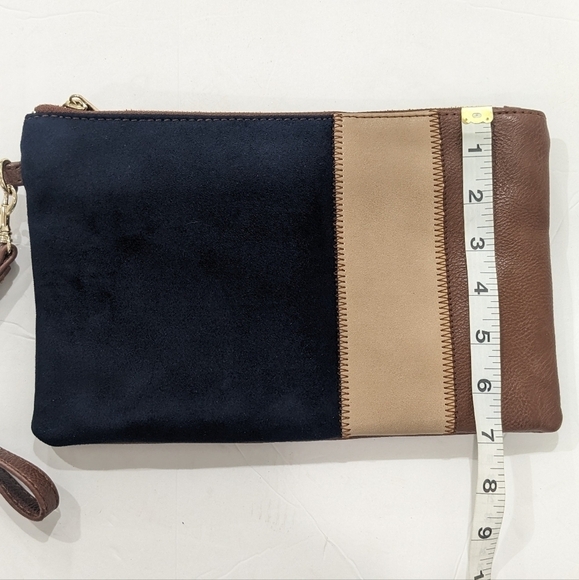 Chico's Women Navy Blue Brown Suede Leather Wristlet Wrist Bag Zipper OS - Picture 4 of 9